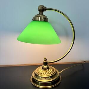 Vintage Library Bankers Lamp Student Dark Emerald Green Glass Desk Curved HEAVY